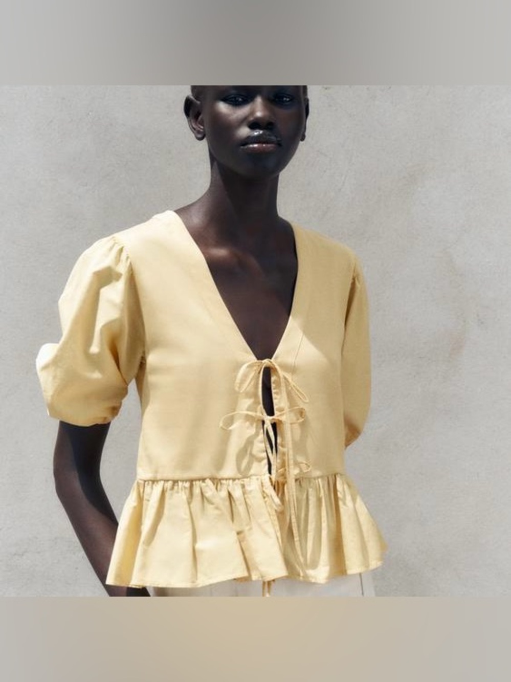 Zara Women's Yellow Puff Sleeve Tie-Front Peplum Top S